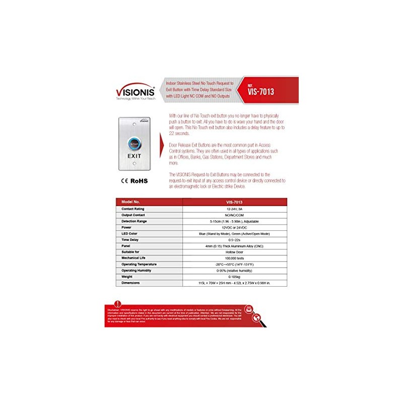 Visionis VIS-7013 Indoor Stainless Steel No Touch Request to Exit