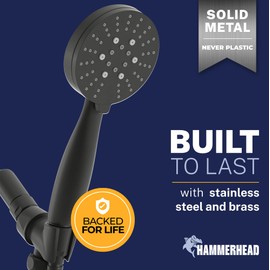 HammerHead Showers® Solid Metal 3-Spray Handheld Shower Head with Long Hose and Holder - MATTE BLACK - WIDE, MASSAGE, and MIST Sprays - 1.8 GPM Low Flow Handheld Showerhead - Water Saving Shower Head