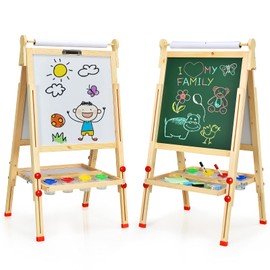 MAT EXPERT Easel for Kids, Foldable Adjustable Double Sides Toddler Easel w/Chalkboard & Whiteboard, Paper Roll, Painting Accessory, Letter Number Magnet, Wooden Standing Art Easel for Boys Girls 3+
