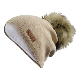 m.i.r.o.s Juliette Women's Long Beanie Hat Beige Handmade Bobble Winter Hat Pompom, beige