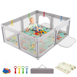 HONEY JOY Foldable Baby Playpen, 73" x 61.5" Large & Portable Baby Fence w/ 50 Ocean Balls, Pull Rings, Indoor & Outdoor Activity Center, Safety Play Yard w/Breathable Mesh, Play Pen for Toddlers