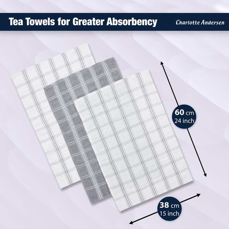 Charlotte Andersen Tea Towels for Kitchen 3 Pack Cotton Dish