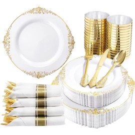 Nervure 350PCS Gold Plastic Plates - Gold Plastic Dinnerware Sets for 50 Guests - 100 Disposable Plates, 150 Silverware, 50 Cups, 50 Napkins for Wedding & Party & Thanksgiving