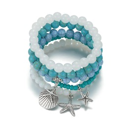 tenghong2021 Fashion Seashell Surfer Bracelets Sets Cute Boho Starfish Beads Elastic Stackable Turquoise Bracelet for Women Friendship Adjustable Ocean Summer Jewelry Gift -Set C(5 pcs)
