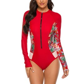 YATEEN Womens Athletic Training Swimsuit Long Sleeve Rashguard #2 Red/Green