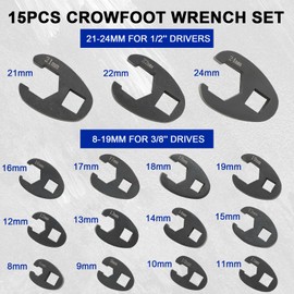 DASBET Crowfoot Wrench Set for 8mm to 24 mm Flare Nuts, 15PCS Metric Crows Foot Wrench Kit for 3/8'' and 1/2'' Drives Ratchets Large & Small Metric Flare Nut Tool Kit for Nut Removal and More