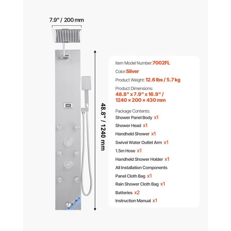 49 Brushed Stainless Steel Shower Column LED Rainfall Shower Head