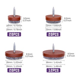 Swpeet 72Pcs Brown Furniture Felt Pads Assortment Kit, Non Slip Furniture Pads with Screw-on Felt Pad Furniture Slider Floor Protector for Wooden Leg Feet of Chair Table Sofa - 20mm, 24mm, 28mm, 38mm
