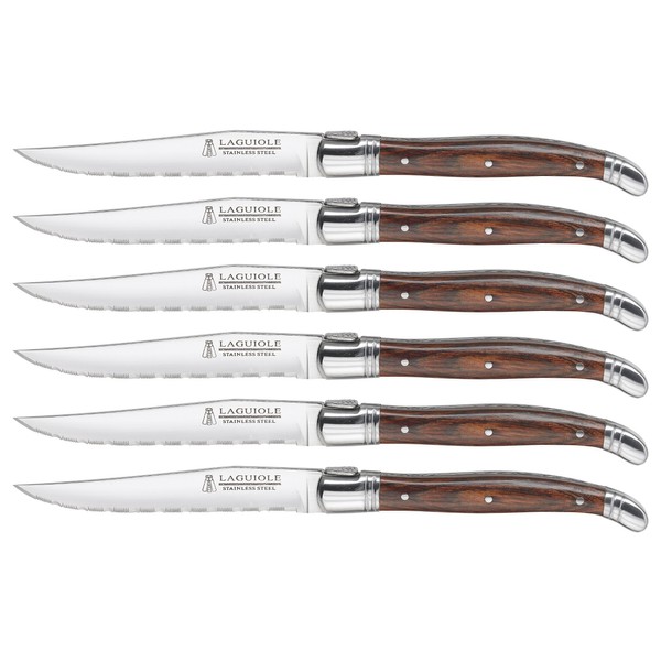 Trudeau Laguiole Steak Knives with Pakkawood Handles (Set of 6), Stainless/Wood