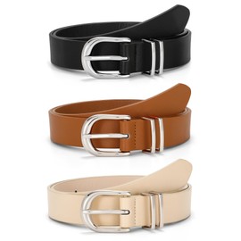 JASGOOD 3 Pack Women Belts For Jeans Dresses Pants Ladies Faux Leather Waist Belt with Silver Buckle(Black+Brown+Beige Silver Buckle)