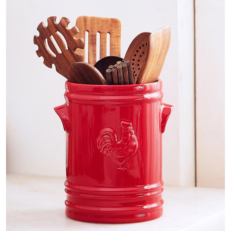 WAIT FLY Embossed Rooster Porcelain Kitchen Utensil Holder Flatware Storage