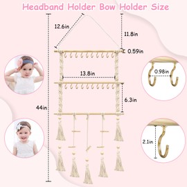 Dexspoeny Headband Holder Hair Bows Organizer for Girls,Baby Headbands Hair Accessories Organizer with 20 Pcs Iron Hooks 15 Pcs Wooden Clips Boho Nursery Decor for Toddler Girls Room Wall Decor
