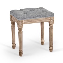 VONLUCE French Vintage Foot Stool with Rustic Wood Legs and Padded Seat, 18.5" High Memory Foam Upholstered Vanity Stool and Entryway Bench, Tufted Fabric Ottoman Stool for Bedroom Living Room, Gray