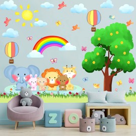 Tree Animal Wall Stickers Baby Nursery Wall Stickers Jungle Animal Wall Decal Peel and Stick Removable Rainbow Wall Decals Elephant Giraffe Safari Wall Stickers for Kids Boys Girls Room Playroom Decor