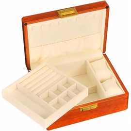 LIBOLXSP ウォールナット無垢材 鍵付き2段式ジュエリーボックス｜指輪・ネックレス収納 ビロード内装 コンパクト設計（23×18×8.5 cm）