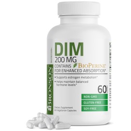 Bronson DIM 200 MG Supplement Diindolymethane with BioPerine for Enhanced Absorption, Estrogen Metabolism & Maintains Balanced Hormone Levels, 60 Vegetarian Capsules