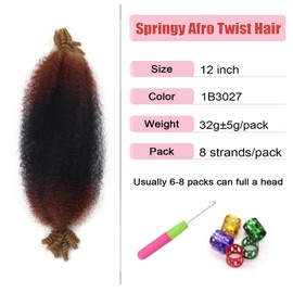 12 inch short marley twist braiding hair 7 packs 3 Tone Pre separated springy afro twist hair twist up kinky twist hair for soft faux locs (12inch,1b3027-7)