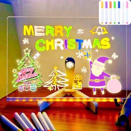 Acrylic LED Note Board with 7 Colors Pen & Stand,Dry Erase Light Up Drawing Board,Desktop Glowing Message Memo,Marker Doodle Writing Wordpad 30x20cm,Gift for Children School Cafe Home Office Christmas
