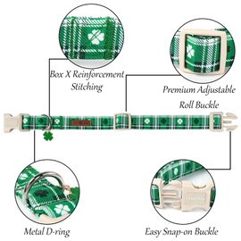 Lionet Paws St. Patrick Dog Collar, Comfortable Adjustable Green Collar with Green Grid Pattern for X-Small Male Female Puppies Dogs Collars, Neck 8-12 inches