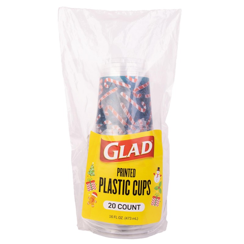 Glad Holiday 16oz Clear Plastic Cups with Candy Cane Design