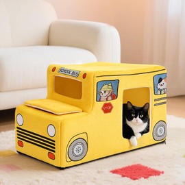 VIEFIN Cute Cat Beds Kitten Beds, Soft Small Dog Beds, Washable Pet Beds for Puppy and Kitty, Funny School Bus Cat Cave, 23 Inches
