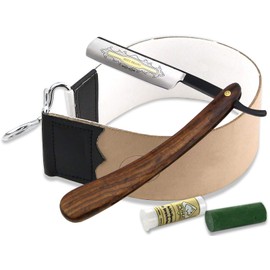 Men's Razor Set, Razor Set, Wooden Handle, Gold Etching, Black Blade with Paste from Solingen and Leather Linen, Professional Peeler Leather – Eye-catcher