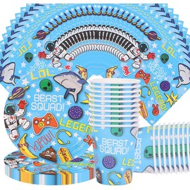 Videospiel Geburtstag Deko,Doyomtoy Partygeschirr Set Astronaut Geburtstag Party Set Geburtstagsteller Tassen Servietten für Party Zubehör Supplies 20 Gäste