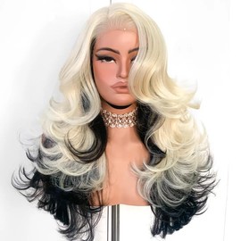 BlackSwern Feather Layered Wig Pre Plucked Cutting Style Blonde with Black Underlayers 13x6 Synthetic Lace Front Wig Glueless Natural Hairline