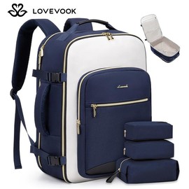LOVEVOOK Fall Travel Backpack for Women & Men as Personal Item Flight Approved, Large Capacity Carry on Backpack for Airplanes with 3 Packing Cubes and Laptop Compartment, Waterproof WeekenderBag for Hiking, Overnight:_Navy-beige-black_50L