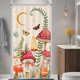 Zussun Stall Mushroom Shower Curtain Set Beige and Red Floral Butterfly Waterproof Fabric Bathroom Shower Curtains Aesthetic Moon Flower Plant Bath Curtain Decor Without Hooks (36'' × 72'', Beige)