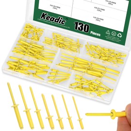 Keadic 130Pcs 7 Sizes Aluminum Blind Rivets, Aluminum Grip and Steel Mandrel, Large Flange Fastener Rivets for Automotive, Yellow-0.12" x0.39"/0.47",0.15" x/0.39"/0.78", 0.18" x/0.39"/0.78"/0.98"