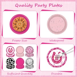 BruinBang 130 PCS Cowgirl Birthday Party Decorations Girls Western Disco Birthday Tableware Set with Plates, Napkins, Balloons, Banner, Swirl and Tablecloth Cow Print Party Supplies for Cowgirl