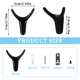 4 Pack Double Prong Coat Hooks Wall Mount with Screw, Heavy Duty Cow Head Towel Hat Hooks, Aluminium Alloy Wall Mounted Coat Hanger Hooks, Metal Wall Hooks for Hanging Bag Key Cap Cup Black (Black)