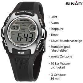 SINAR XE-50-1 Boys' Sports Watch Outdoor Digital Quartz 10 Bar with Resin Strap and Light Black Silver, black, Stripes