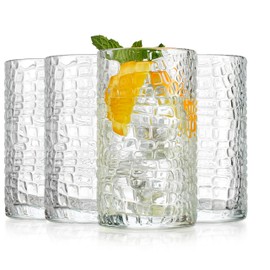 Glaver's Highball Drinking Glasses, Set of 4 Clear 15 Ounce Crackle Design Textured Drinking Glasses Heavy Duty Basic Set for Everyday Home, Bar use for Water Juice Cocktails Smoothies.