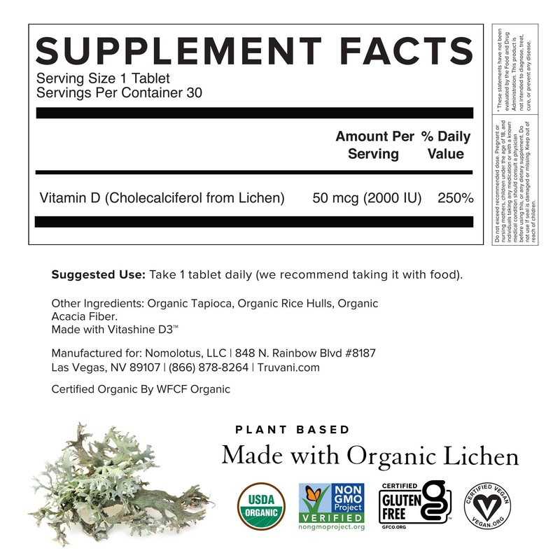 Truvani Organic Vitamin D3 - Plant-Based, USDA Organic, Gluten-Free, Non-GMO,