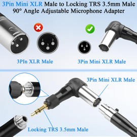 QIANRENON Adjustable 90° Angle Mini XLR to 3.5 mm Headphone Adapter Gold-Plated 3-Pin Mini Xlr Male to Locking TRS 1/8 Right Angle Connector Mini XLR Position Changeable for Sport Mic