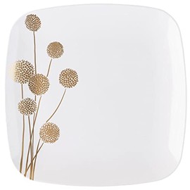 EcoQuality 10" inch Square White Plastic Plates Dinner Plate with Gold Dandelion Print China Like Party Plates, Premium Heavy Duty Large Disposable Salad Plate Weddings, Catering, Non Toxic (30 PACK)