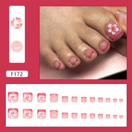 Pink French Tip Press on Toenails Flowers Fake Toe Nails Short Full Cover Square Glue on Toenails Summer Spring False Toe Nails with Pearl Floral Designs Cute Stick on Toe Nails for Women Girls 24Pcs