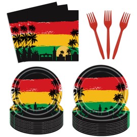 96 PCS Reggae Birthday Tableware Set Disposable Jamaican Rastafari Palm Tree Grafitti Happy Birthday Party Supplies Dinnerware Set for 24 Guests Include Dinner Plates,Napkins,Forks