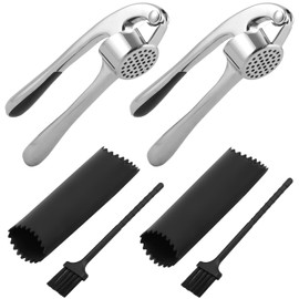 QWORK 2 Set of Stainless Steel Garlic Press Tool with Ergonomic Soft Handle, Silicone Peeler, and Cleaning Brush – Multi-Purpose, 3 Piece Garlic Mincer Tool, Clean Garlic Crusher, Garlic Mincer