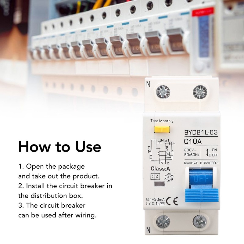 Circuit Breaker 1P+N Leakage Protection Switch 10A 230V AC DIN