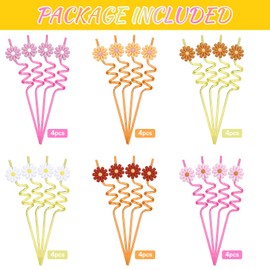 24 Pcs Plastic Flower Straws Groovy Daisy Flower Straws Reusable Straws Bulk Daisy Party Favors Flower Birthday Decorations for Summer Birthday Party, Multicolored (Cute Color)