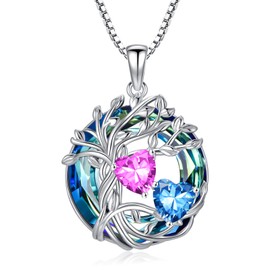 Pink Tourmaline and Blue Topaz Necklace s925 Sterling Silver Tree of Life Ocotber and December Birthstone Pendant Necklace with Austrian Crystal Jewelry Christmas Valentine Mothers Day Birthday Gifts for Women Her Girlfriend Wife Sister Mom
