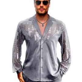 AIBEIX Mens Mesh Sequins See Through 70s Disco Long Sleeve Button Down Shirts(V-Shaped Silver Sequins-Grey Long Sleeve,Small)