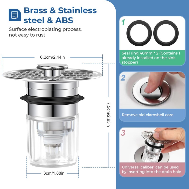 Blendura Sink Plug (32-42 mm), Drain Plug Sink with Hair