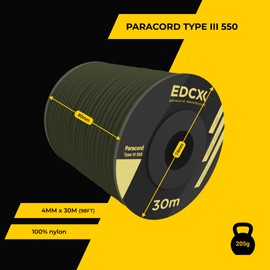 EdcX 4mm Nylon Paracord 550 30m (100 feet) - Type III, 100% Nylon Rope, 7 Strand Rope, 4mm Nylon Rope in Solid Colors (Army Green, 30 m)