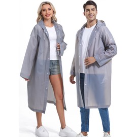 2-Pack Reusable Rain Ponchos for Adults, HOOMBOOM Raincoats Emergency for Women/Men with Drawstring and Sleeves Grey