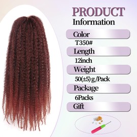 XIMENALU Marley Twist Braiding Hair Afro Kinky Curly Marley Crochet Hair Marley Twist Long Cuban Twists Hair Extensions Synthetic Crochet Braids for Women (T350#, 12inch/6packs)