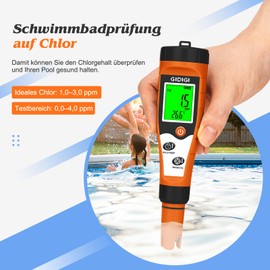 Chlorine and pH Meter Pools, Salt Meter for Swimming Pools, Water Tester 7 in 1 with pH ORP Chlorine EC TDS Temperature Function for Pool Water, Hot Tub, Drinking Water